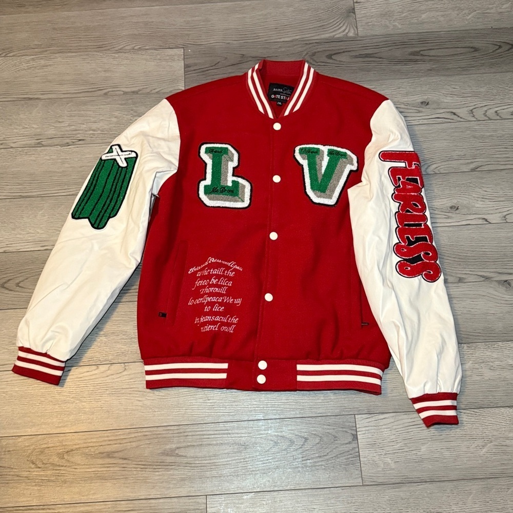 Red & White Varsity Bomber Jacket with Green Lettering